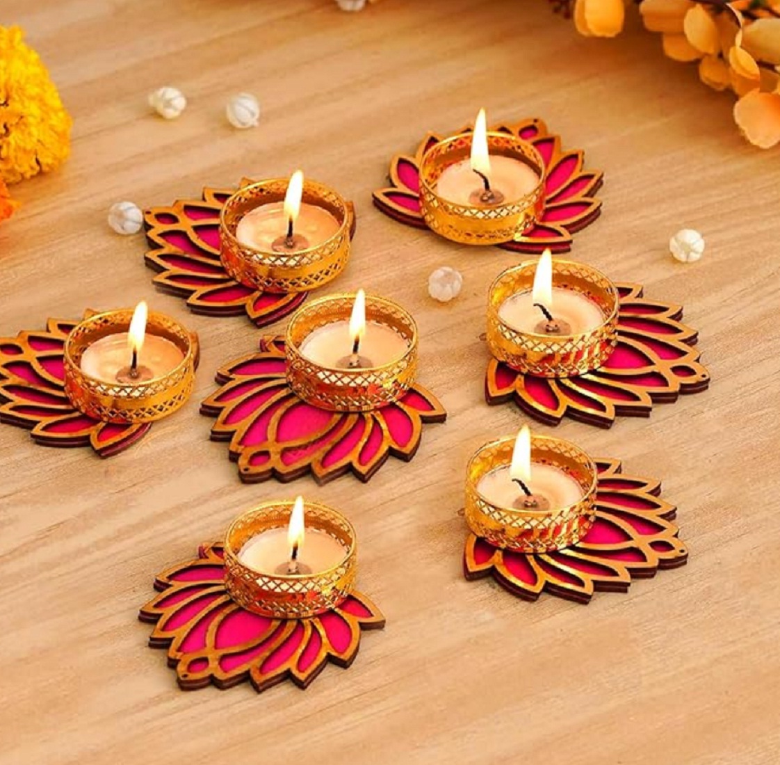 Lotus Tealight Candle Holder Stand Set  - Diwali Decoration Items for Home Decor Diyas Indoor Outdoor Office Gifting - Diwali Décor (Multicolor)